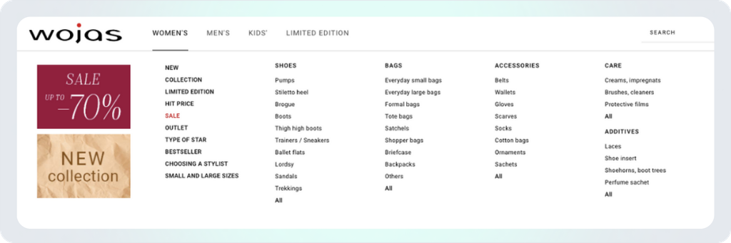 Expanded women’s category menu in the Wojas online store, featuring links to shoes, bags, accessories, and care products