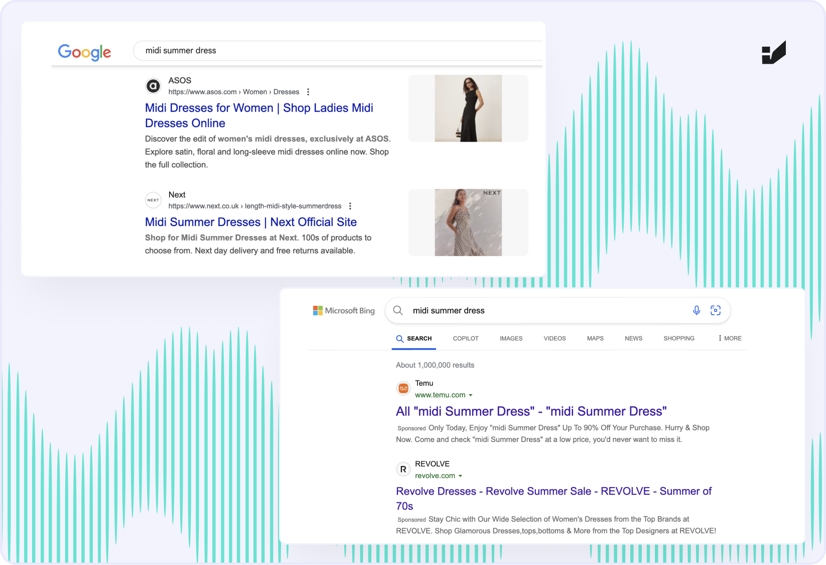The graphic presents a comparison of SERPs from Google and Bing to highlight the difference in results provided for the same phrase.