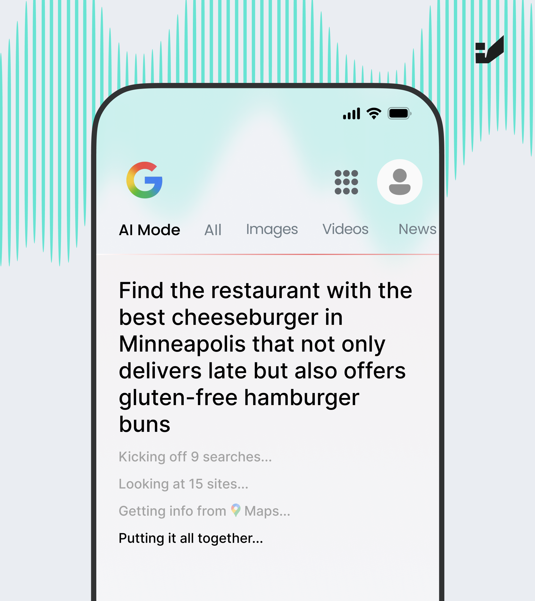 A screenshot of Google AI Mode view on the phone with a user question: „Find the restaurant with the best cheeseburger in Minneapolis that not only delivers late but also offers gluten-free hamburger buns”