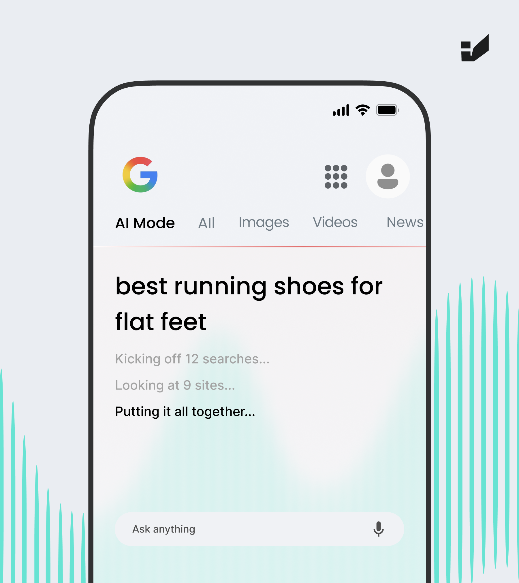 A screenshot of Google AI Mode view on the phone with a user question: „best running shoes for flat feet”