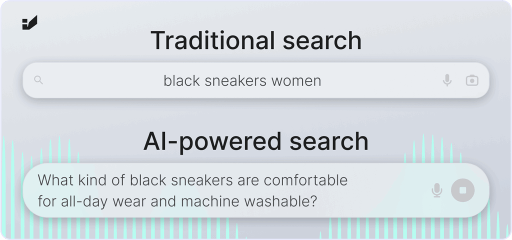 A graphic comparison of queries in traditional search versus queries in AI-powered search, previously described in the text of the article.