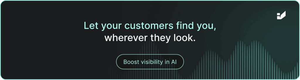 A banner with text: "Let your customers find you, wherever they look. Boost visibility in AI." Click to book a meeting via Calendly.