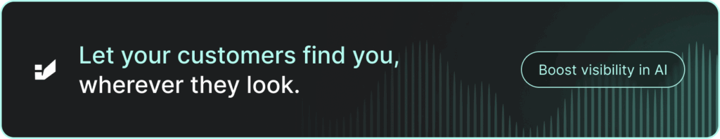 A banner with text: "Let your customers find you, wherever they look. Boost visibility in AI." Click to book a meeting via Calendly.