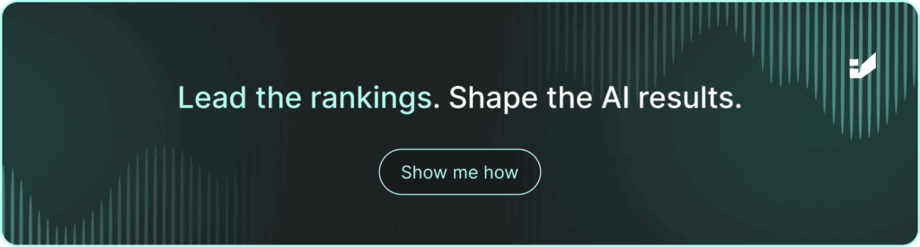 A banner with text: "Lead the rankings. Shape the AI results. Show me how." Click to book a meeting via Calendly.