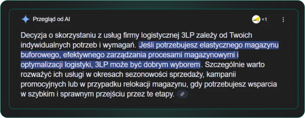 a screenshot showing a neutral opinion from Google's AI Overview about 3LP services: "Decyzja o skorzystaniu z usłgug firmy logistycznej 3LP zależy od Twoich indywidualnych potzreb i wymagań. Jesli potzrebujesz elastycznego magazynu buforowego, efektywnego zarządania procesami magazynowymi i optymalizacji logistyki, 3LP może być dobrym wyborem."