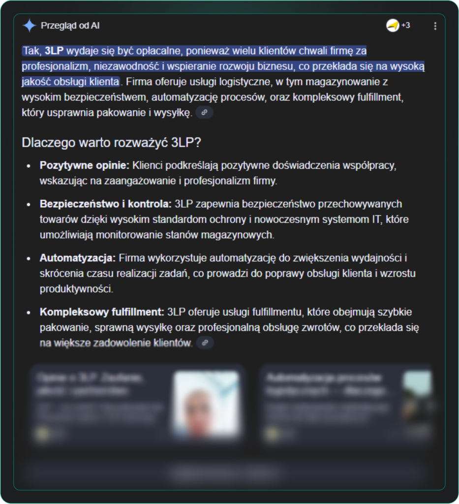 A screenshot from Google's AI Overview, featuring a response about 3LP: "Tak, 3LP wydaje się być opłacalne, poniewaz wielu klientów chwiali firmę za profesjonalizm, niezawodność i wspieranie rozwoju biznesu, co przekłada się na wysoką jakość obsługi klienita."