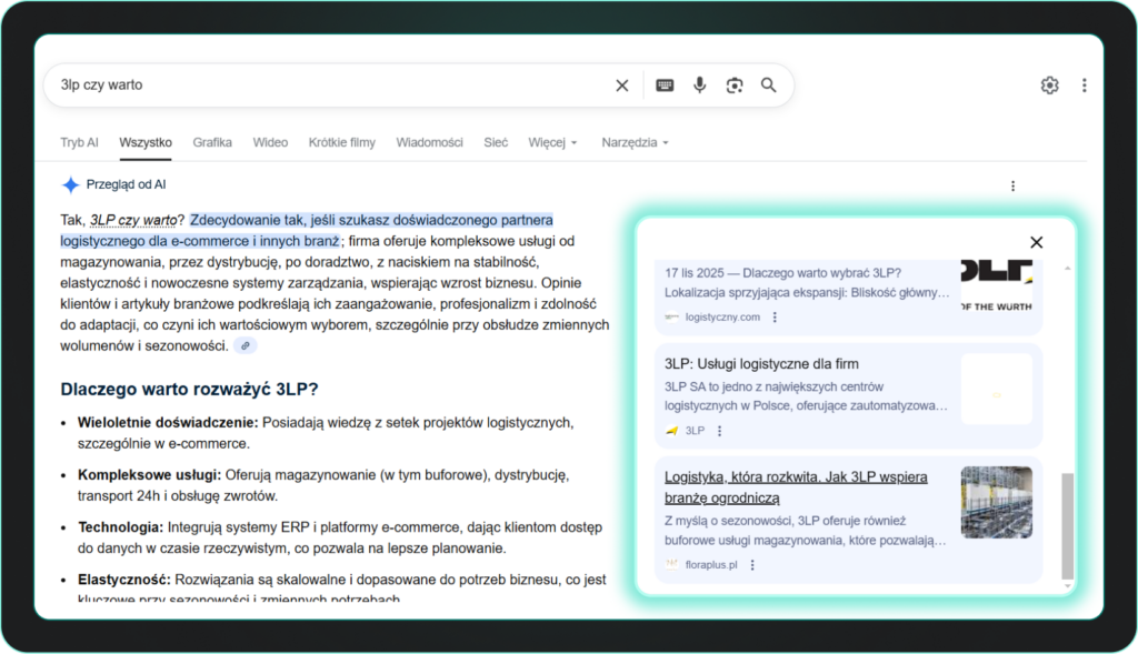 A screenshot from Google's AI Overview, featuring a response about 3LP: "Tak, 3LP czy warto? Zdecydowanie tak, jesli szukasz doświadczonego partnera logistycznego dla e-commerce i innych branż...". On the right side there are sources featuring 3 links to articles written in the link building process carried out by Insightland.