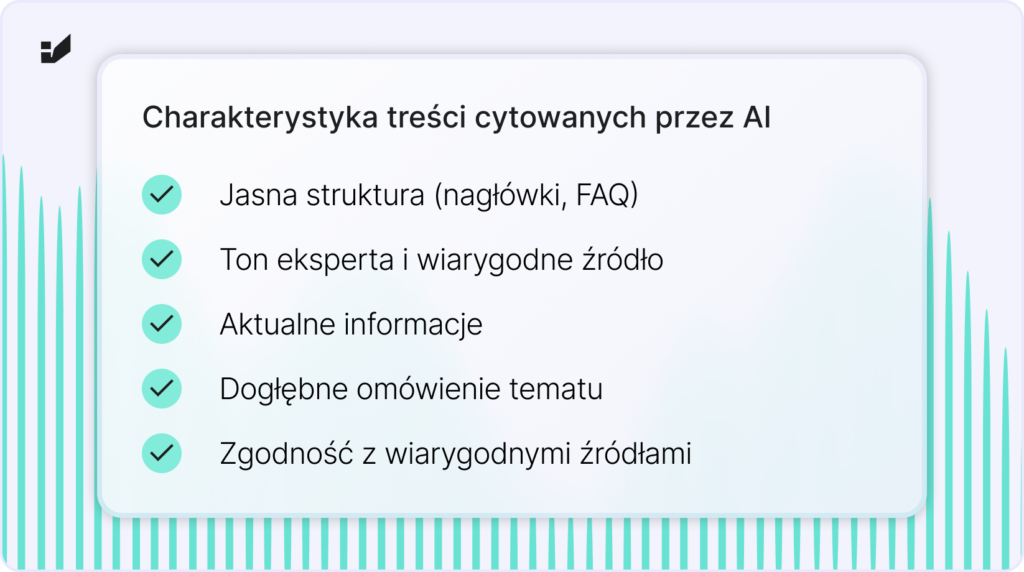 Grafika przedstawia cechy treści najczęściej cytowanych przez AI: jasną strukturę z nagłówkami i sekcją FAQ, ekspercki ton, wiarygodne źródła, aktualne informacje, dogłębne omówienie tematu oraz zgodność z rzetelnymi źródłami.
