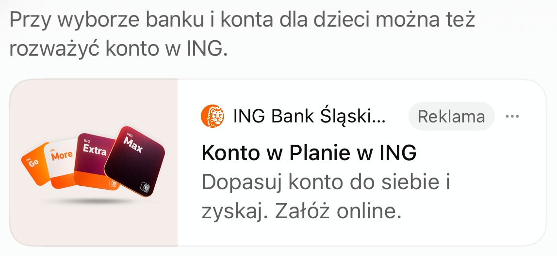 Reklama ING Bank Śląski „Konto w Planie w ING” w odpowiedzi ChatGPT