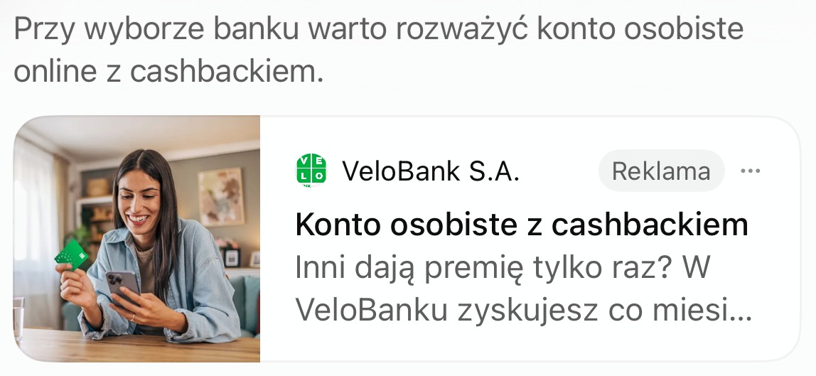 Reklama VeloBank „Konto osobiste z cashbackiem” w odpowiedzi ChatGPT