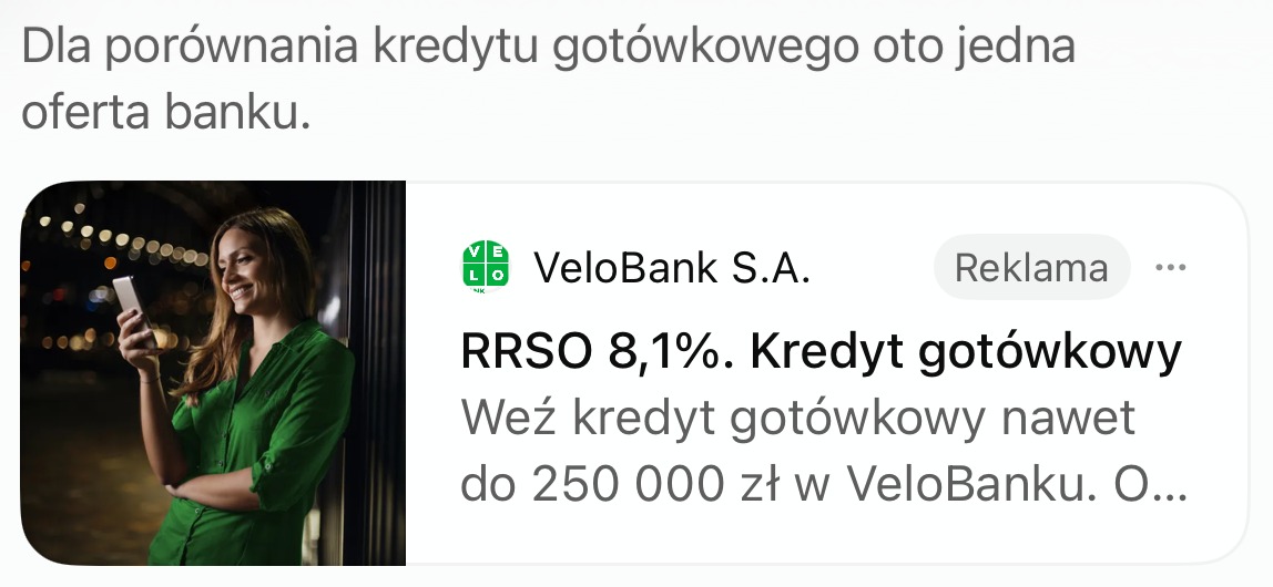 Reklama VeloBank „RRSO 8,1%. Kredyt gotówkowy” w odpowiedzi ChatGPT