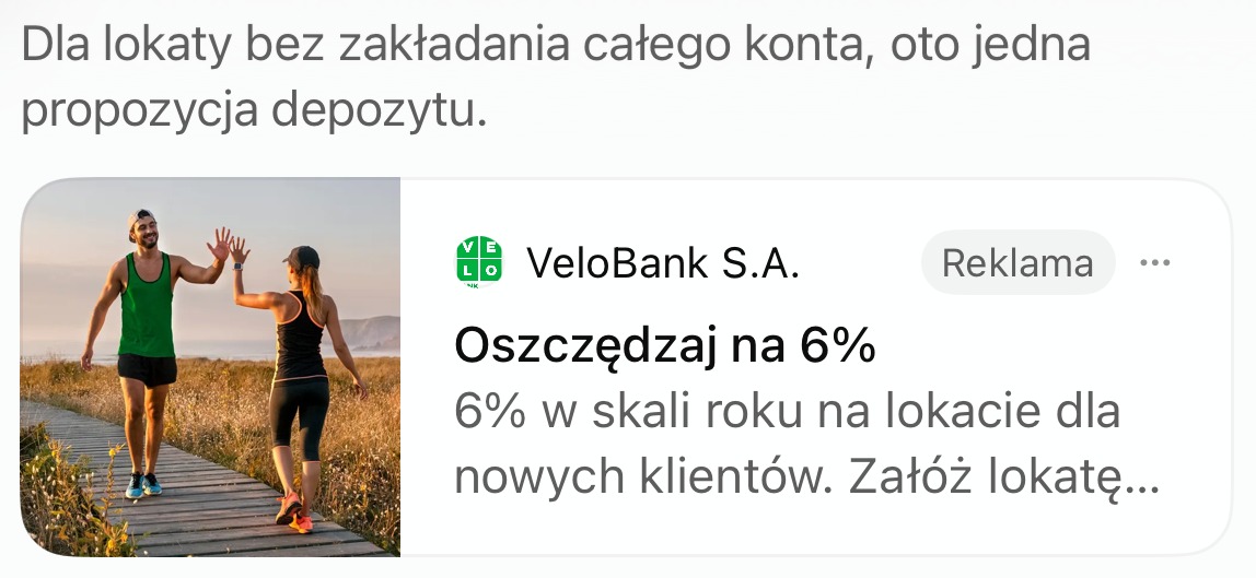 Reklama VeloBank „Oszczędzaj na 6%” w odpowiedzi ChatGPT